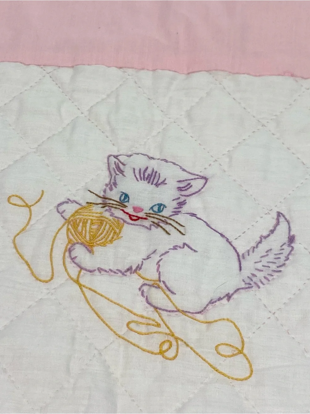 Vintage White & Pink Quilted Baby Blanket with Embroidered Animals